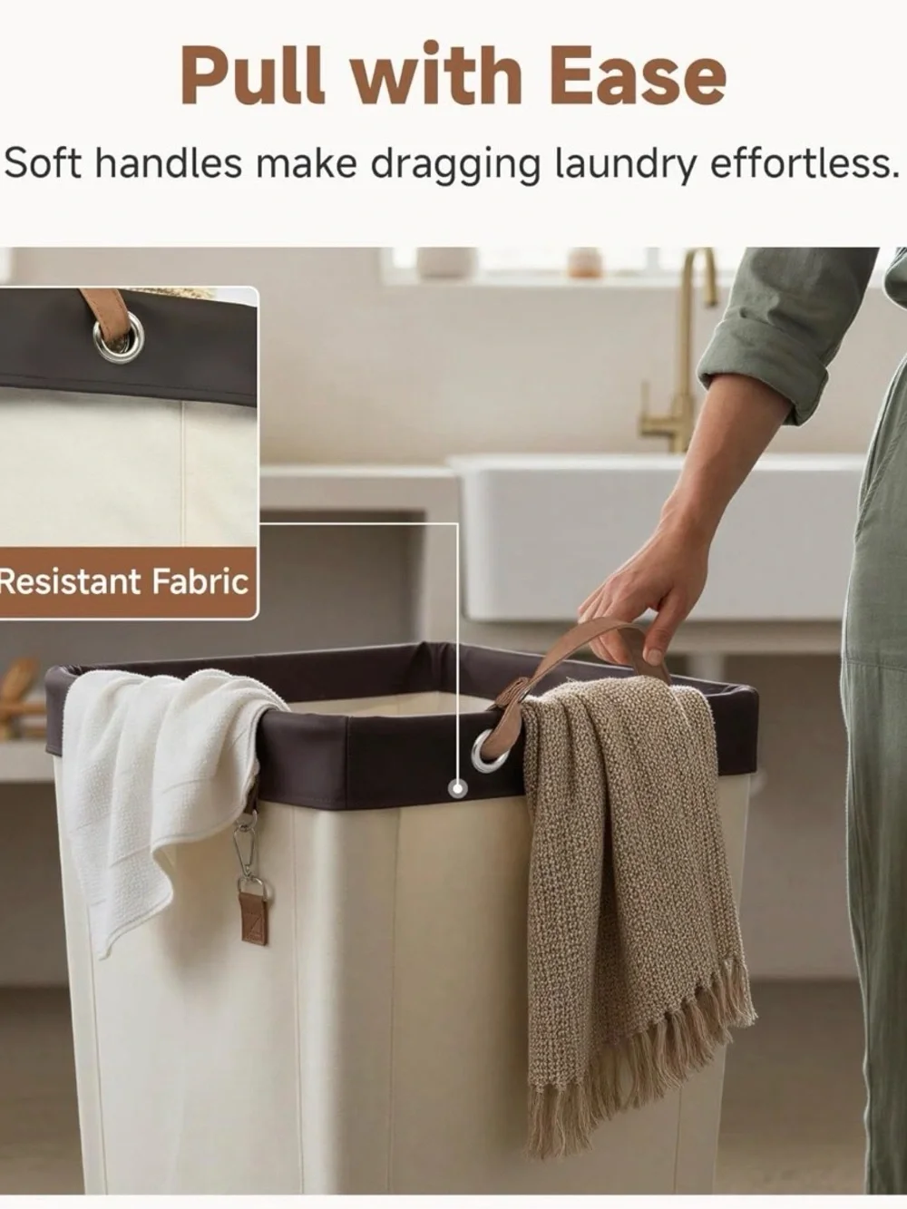 Cream Laundry Hamper with Brown Trim and Rolling Base